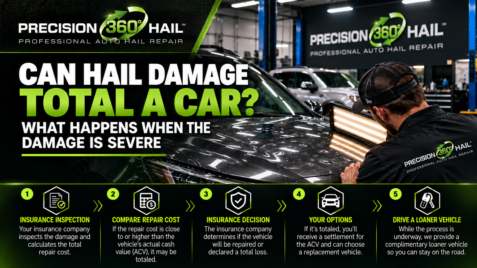 Precision 360 Hail infographic explaining when hail damage totals a car and the insurance claim process steps