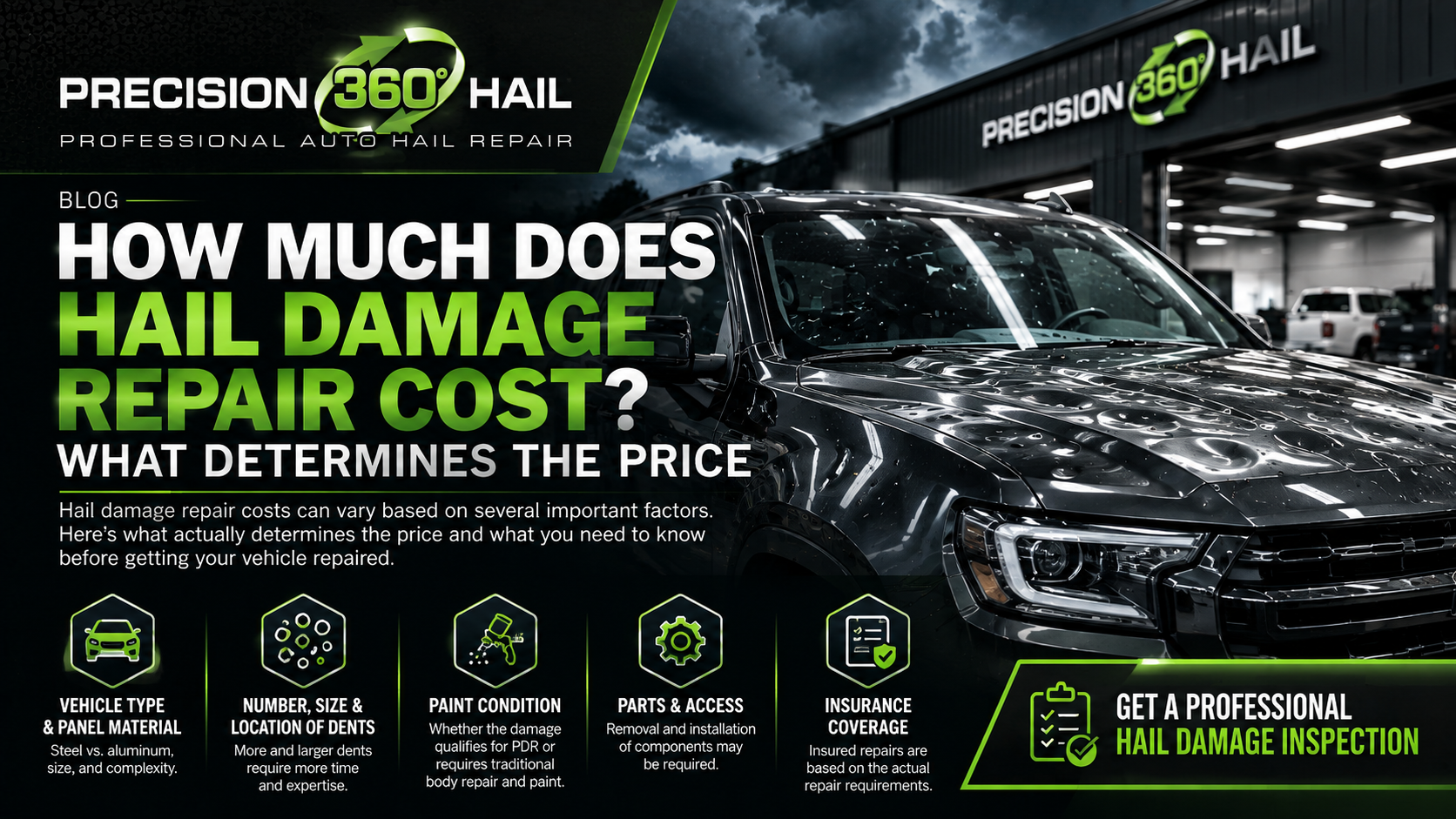 Precision 360 Hail infographic explaining hail damage repair cost factors including vehicle type, dent size, paint condition, and insurance coverage