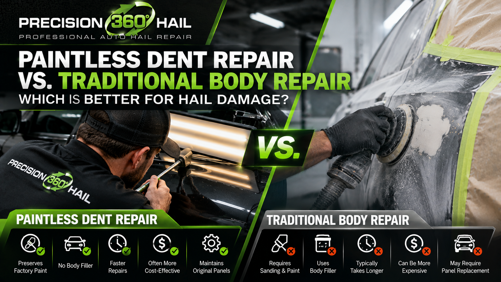 Precision 360 Hail infographic comparing paintless dent repair and traditional body repair methods for hail damage